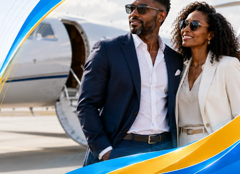 A couple in front of a private aircraft