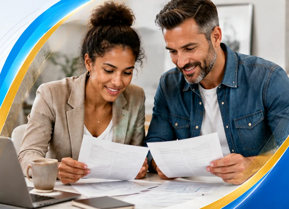 Two people reviewing bank statements and paperwork together