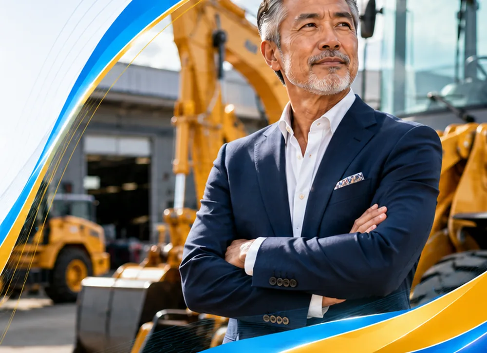 A business owner in front of financed construction equipment