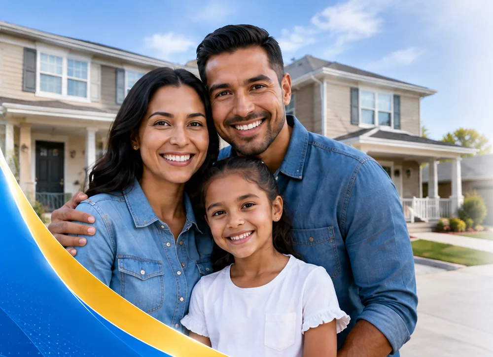 A family in front of their new FHA-financed home