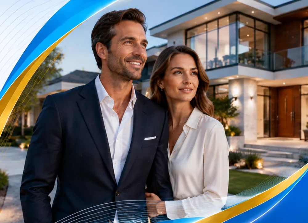 A couple outside a luxury home financed with a jumbo loan
