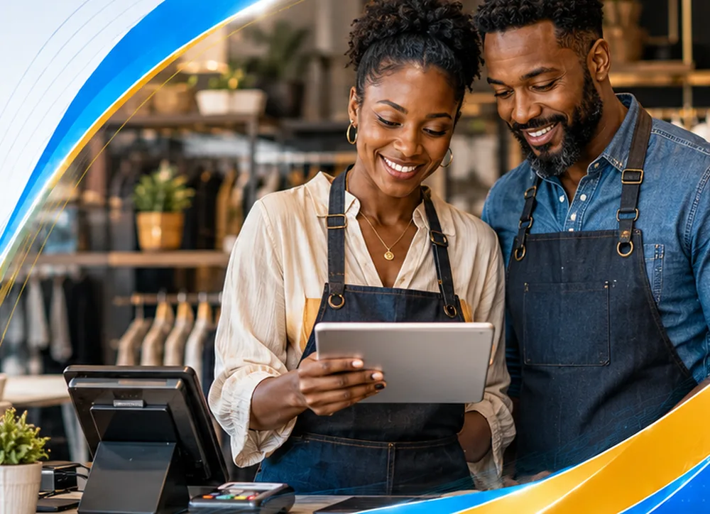 Small business owners reviewing sales on a tablet
