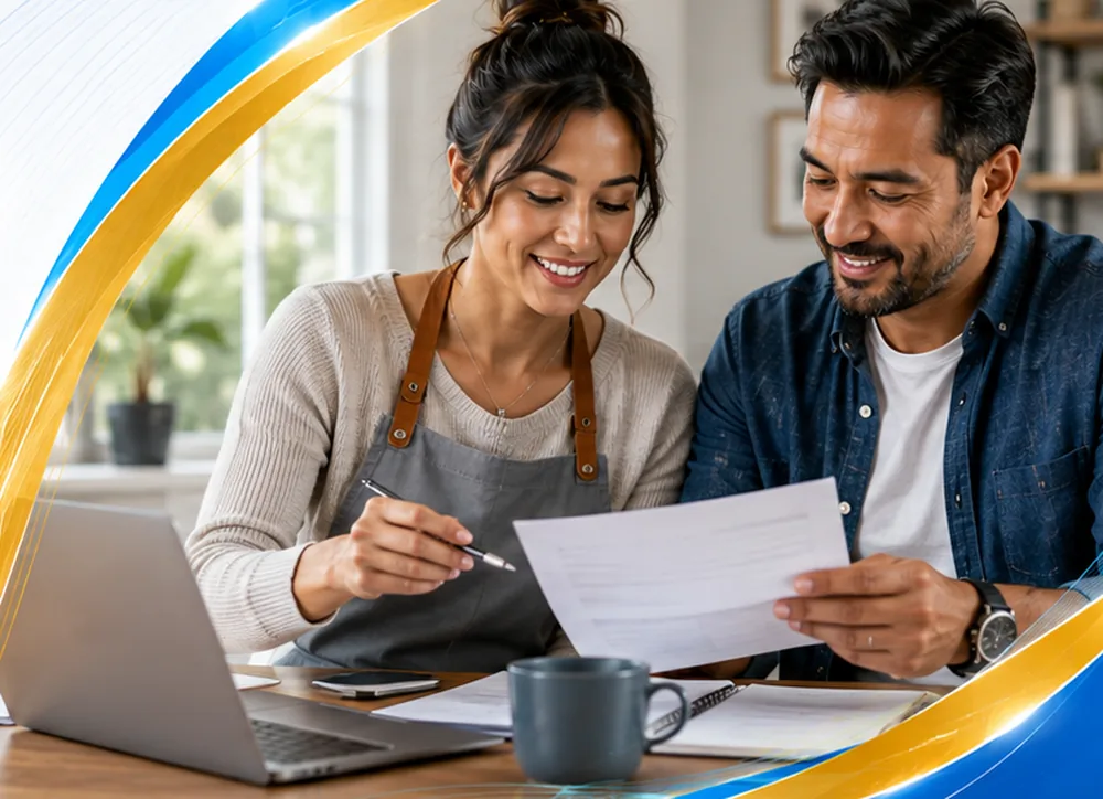 Two people reviewing financial documents together at a table