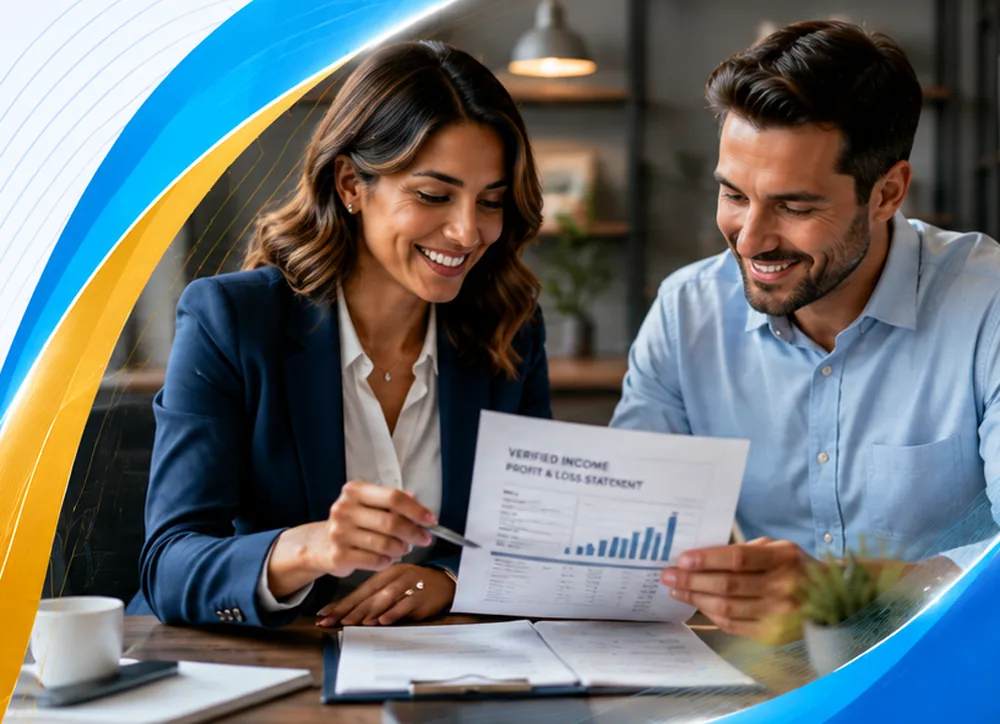 Two people reviewing a profit and loss statement at a desk