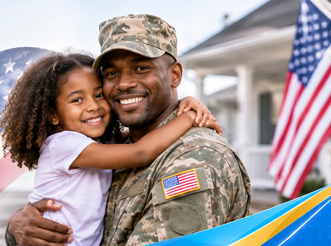 A service member and child outside their VA-financed home